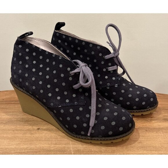 BODEN Shoes 38 US 7 Blue Polka Dot Suede Wedge Ankle Booties Lace Up - Picture 1 of 3